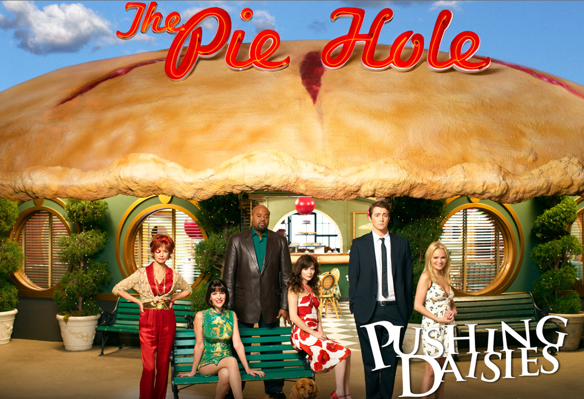 Pushing Daisies TV Show Poster of Cast in front of The Pie Hole