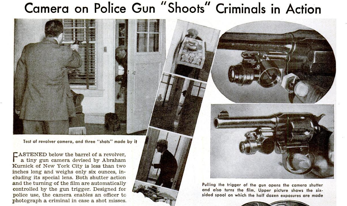 Camera on Police Gun Shoots Criminals in Action article in Popular Science August, 1938