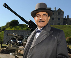 Poirot in front of Dover Castle in Masterpiece Mystery episode 