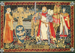 An Arthurian tapestry depicting Arthur with his sword, Excalibur