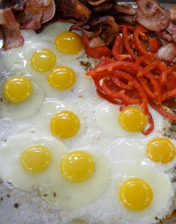 All that cholesterol’s bad for your heart. Eggs, eggs, eggs.