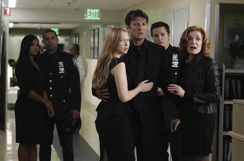 The gang’s all here and worried: Lanie, Esposito, Alexis, Castle, Ryan, and Martha