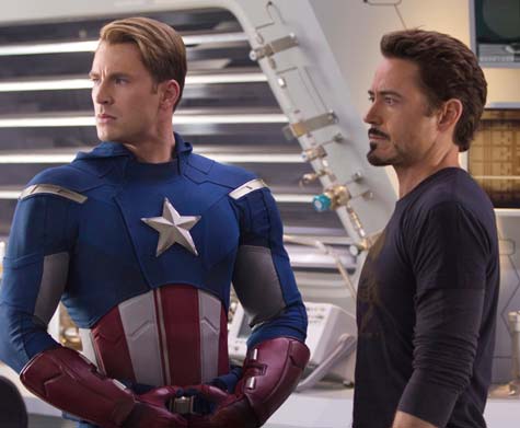 A pensive Tony Stark (out of the Iron Man Suit) confers with Captain America. Go S.H.I.E.L.D. and The Avengers!