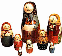 Traditional Russian nesting dolls, called matryoshka, or sometimes babushka dolls, for their headscarves.