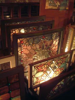 Tiffany windows in storage at Winchester House