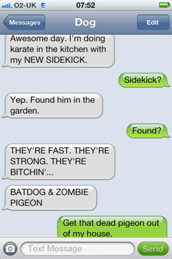 Text From Dog cartoon: Zombie Pigeon and Batdog