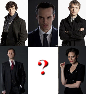 Which Sherlock Character Are You? Moriarty (Andrew Scott), John Watson (Martin Freeman), Mycroft Holmes (Mark Gatiss), Irene Adler (Lara Pulver), and Sherlock (Benedict Cumberbatch)
