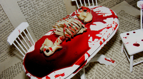 Bloody skeleton on a table, dollhouse scale