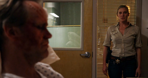 Katee Sackhoff as Deputy Vic Moretti visiting a beat up Ed Gorsky in Longmire episode 2.13 