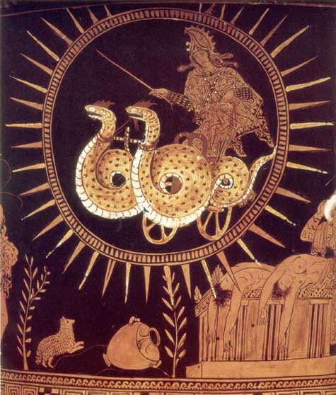 This ancient vase depicts Medea's escape