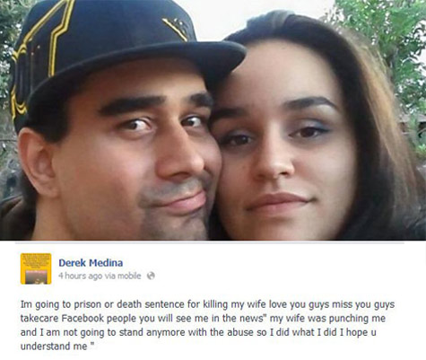 Accused Facebook killer Derek Medina and his wife during happier status updates along with online confession.