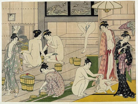 A traditional Japanese bathhouse: in this case, the person peeping through the wall (upper left) is probably the attendant.