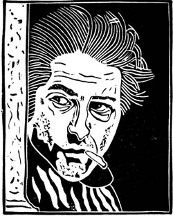 Dustin Hoffman as Ratso Rizzo in Midnight Cowboy, a woodcut by artist Loren Kantor