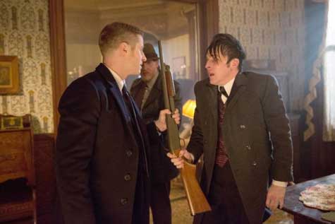 Gordon (Ben McKenzie), Bullock (Donal Logue), and Oswald Cobblepot (Robin Lord Taylor, R) find themselves in a dangerous situation in the "Everyone Has A Cobblepot" episode of GOTHAM.